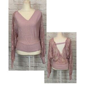 Women's Dusty Pink V-Neck Sweater Sheer Lace Sleeves & Back Banded Waist size-S